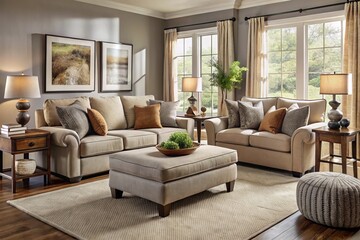 Fototapeta premium Cozy living space boasts a soft sofa, pillowy armchair, and matching ottoman in calming neutrals, inviting relaxation.