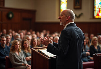 Naklejka premium Preacher delivering a Gospel message passionately from the pulpit in a warm church setting.