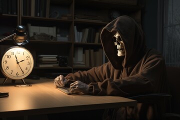 Obraz premium A skeleton typing late at night beside an old-fashioned clock in a dimly lit study