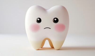An adorable sad cartoon tooth with big eyes and a disappointed expression. Light gradient background. Concept of dental health and hygiene for kids