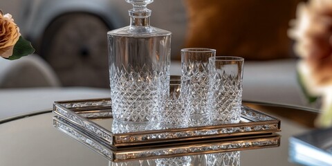 Crystal decanter and glasses on silver tray.
