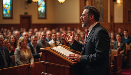 Preacher delivering a Gospel message passionately from the pulpit in a warm church setting.
