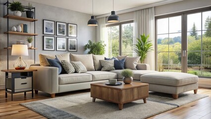 Obraz premium Cozy sofa wrapped in soft cushions and upholstery invites relaxation, while storage ottoman keeps essentials within