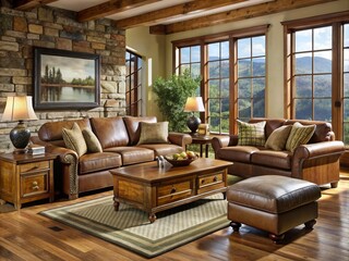 Fototapeta premium Cozy Vermont-inspired living room furniture features a plush couch, worn armchair, and chunky ottoman, perfect for