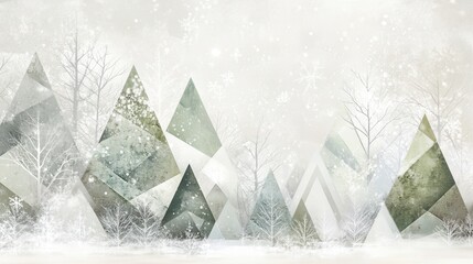Abstract geometric shapes represent Christmas trees in a tranquil winter forest blanketed by soft, falling snowflakes. Generative AI