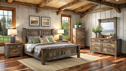 Naklejka premium Crafted from reclaimed barnwood, these rustic bedroom furniture pieces infuse the room with a warm, inviting