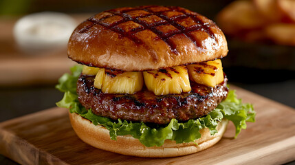 sweet and savory teriyaki burger featuring a juicy beef patty, grilled pineapple, and fresh lettuce, all topped with mayo