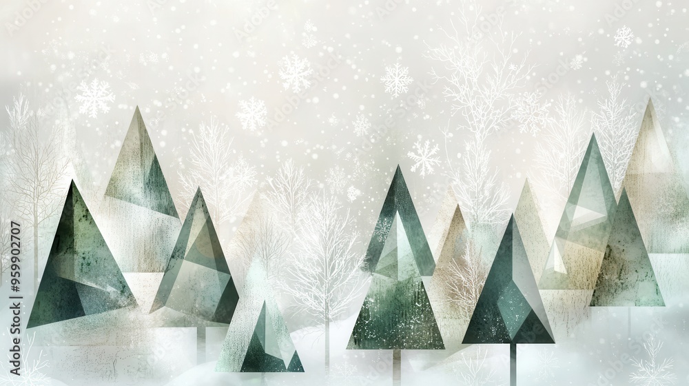 Poster Winter forest features abstract Christmas trees crafted from geometric triangles, creating a unique and festive atmosphere. Generative AI