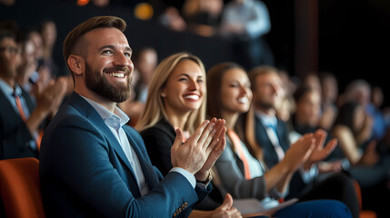 Engaged audience clapping at a lively conference presentation event