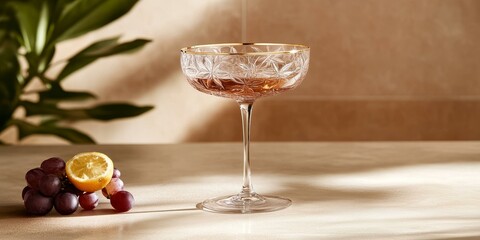 Ornate glass with golden rim, grapes, and lemon.