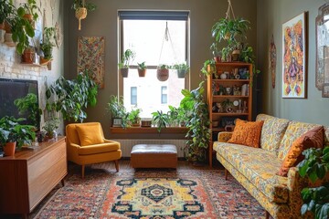 Cozy Living Room with Plants and Vintage Furniture