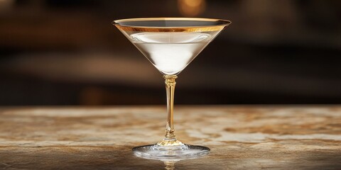 Golden rimmed martini glass on a table.