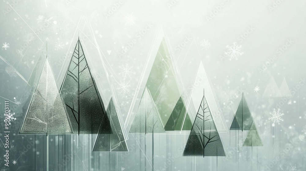 Poster Abstract geometric shapes create a forest of Christmas trees, with triangles in different sizes set against a snowy backdrop. Generative AI