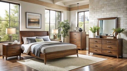 Fototapeta premium Elegant and contemporary bedroom furniture collection featuring a platform bed, dresser, mirror, and nightstand in a