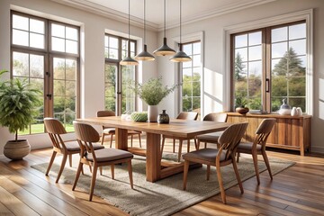 Obraz premium Stylish wood dining table and chairs in a modern rustic dining room with white walls and large windows