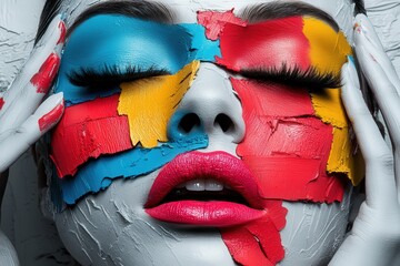 This image showcases an abstract portrayal of a human face painted in various colors, with hands also painted, dramatically covering the ears in expressive posture.
