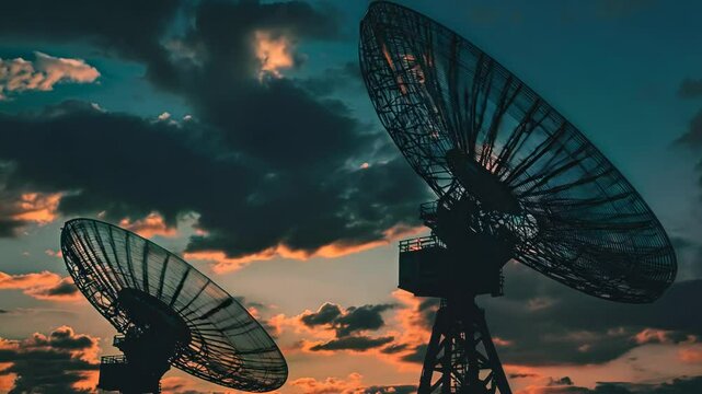 Silhouetted Radio Telescopes at Sunset
