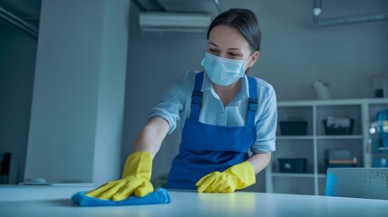 Woman cleaning disinfecting office, professional janitor in gloves and mask photo