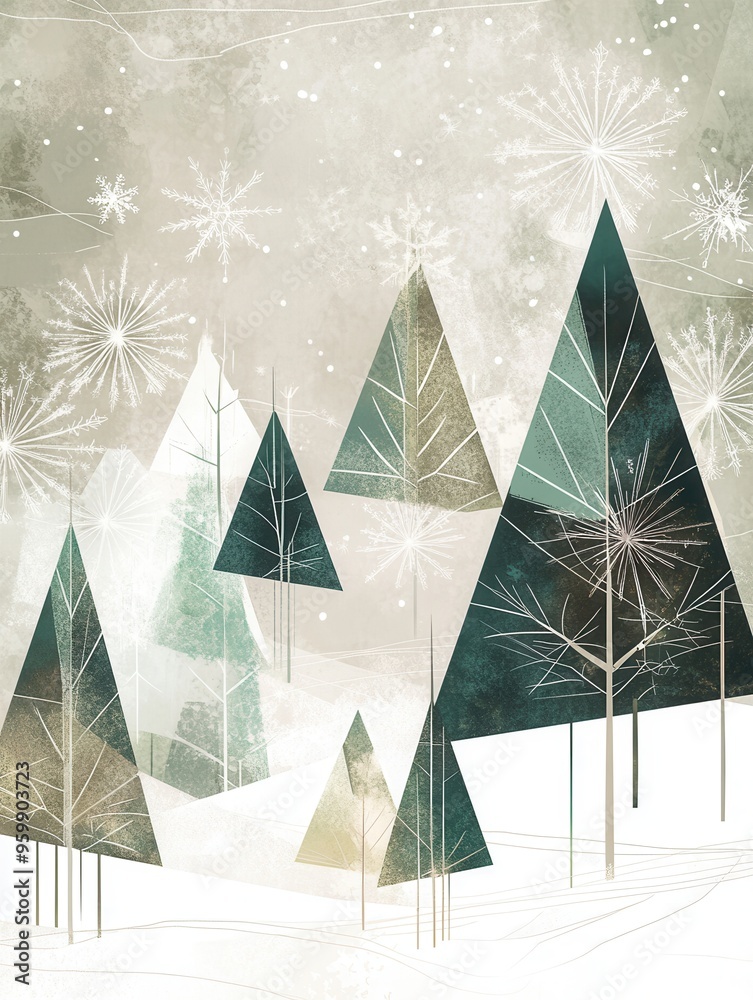 Poster Abstract geometric Christmas trees vary in size and shape, creating a whimsical winter forest enveloped in gentle snowfall. Generative AI