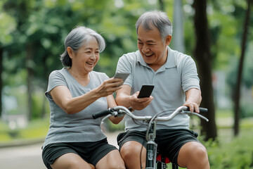 Obraz premium Asian couple enjoying a sunny bicycle ride while sharing a phone:
