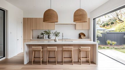 Bright and airy modern kitchen with natural lighting and island.