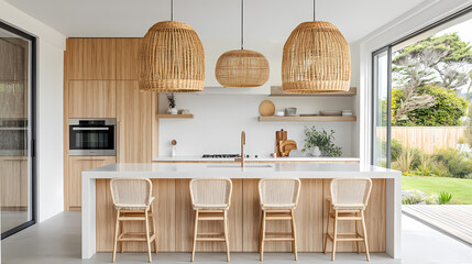 Bright and airy modern kitchen with natural lighting and island.