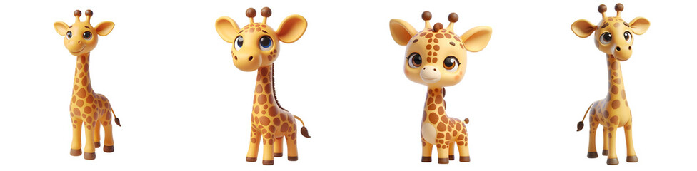 Obraz premium Set of 3D rendered illustration cartoon Giraffe isolated on white and Transparent Background 