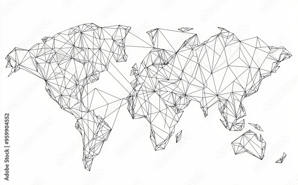 Poster an abstract polygonal world map on a white background with triangular lines.