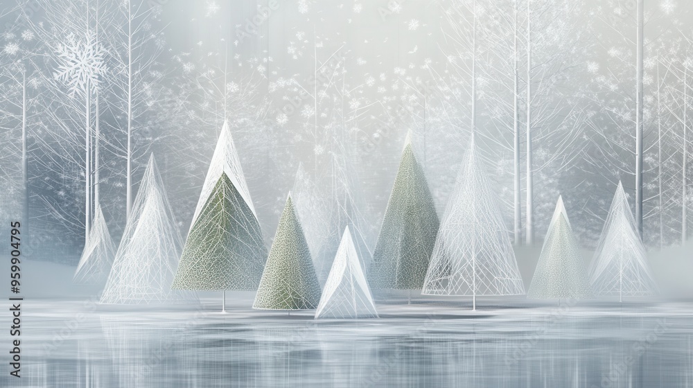 Aufkleber A tranquil winter forest showcases abstract Christmas trees crafted from a variety of triangular forms covered in soft snow. Generative AI