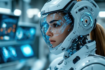 Fototapeta premium A woman wearing a cutting-edge robotic suit with holographic visor stands in a high-tech environment, showcasing advanced technology and cybernetic enhancements.
