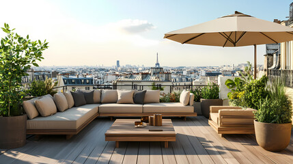 Obraz premium Serene rooftop terrace in Paris with wooden furniture and plants