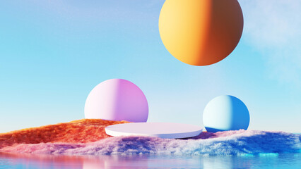 3d Render, Abstract Surreal landscape pastel and colorful grass land with Podium for showing product and floating ball  background.