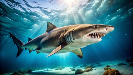 Fototapeta premium The clear waters of the ocean are home to a majestic sand tiger shark, its striped markings glistening