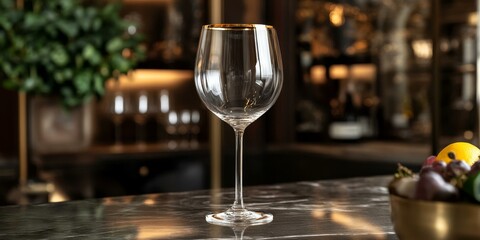 A gold-rimmed wine glass on a table.
