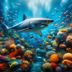 Fototapeta premium A magnificent great white shark swims gracefully among vibrant and colorful coral reefs.