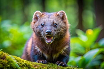 The fisher cat's rugged features come into sharp focus, its sharp teeth and whiskers framing its inquisitive face,