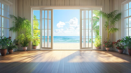 Relaxed seaside room with ocean view and inviting atmosphere