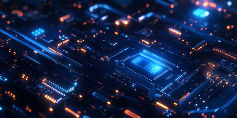 Fototapeta premium Abstract blue glowing circuit board with chips and transistors