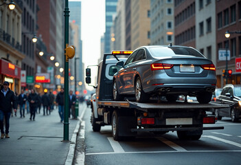 
Side view of a car being towed by a tow truck in a busy city center