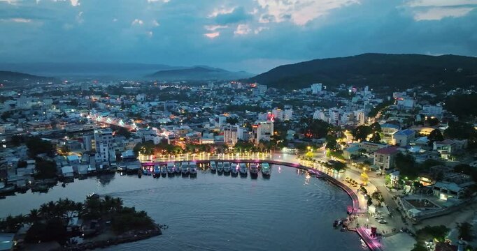 Aerial view of Scenery of Phu Quoc city, Kien Giang province, Vietnam. This is the central town in south of Phu Quoc island, crowded and bustling in the Gulf of Thailand.