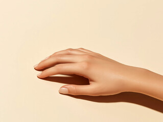 Tanned Hand with Smooth Skin Resting on a White Textured Surface, Highlighting Natural Beauty, Skin Tone, and Minimalist Aesthetics