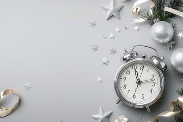 A clock surrounded by glittering confetti and metallic stars, with ribbons of silver and gold flying around it on a grey background