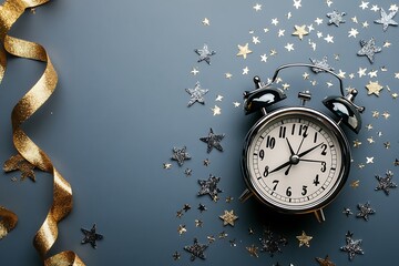 A clock surrounded by glittering confetti and metallic stars, with ribbons of silver and gold flying around it on a grey background