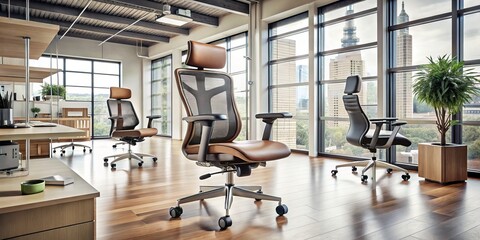Fototapeta premium The latest ergonomic office chair designs, boasting advanced features and futuristic aesthetics, are on full display in