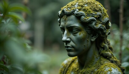 Fototapeta premium Moss-Covered Woman Statue in Serene Forest Setting