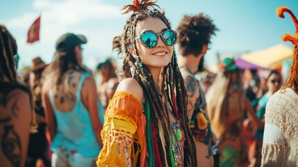 Obraz premium A group of people at a festival, each wearing eclectic, colorful clothing and accessories, expressing their unique style.