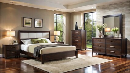 Fototapeta premium Elegant modern bedroom furniture boasts sleek wenge wood finishes and stylish accents for a sophisticated and refined