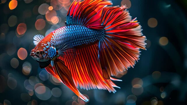 Colorful betta fish with vibrant fins and bokeh background, aquatic beauty concept