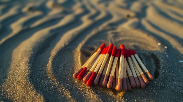 A group of wooden matches with red tips arranged in a fan shape lies on a sandy beach. The sand forms natural patterns around the matches, creating a contrast between the smooth texture of the wood