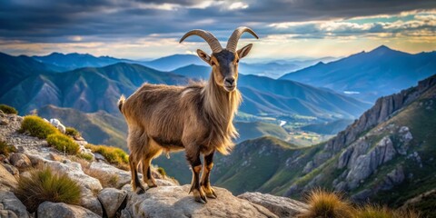 Obraz premium The majestic horned goat stands tall on the hillside, its rugged coat blending seamlessly with the Spanish